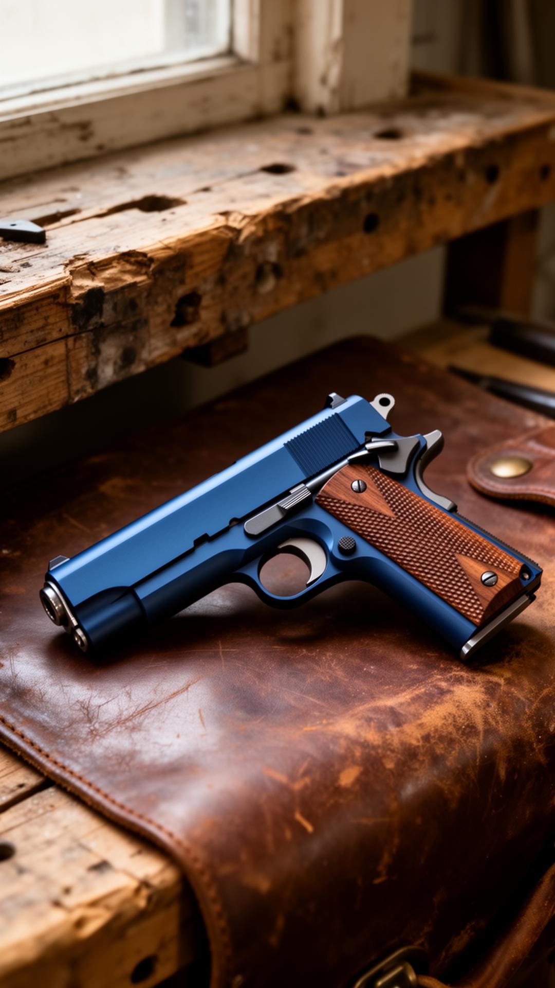 A classic blued 1911 resting on worn leather
