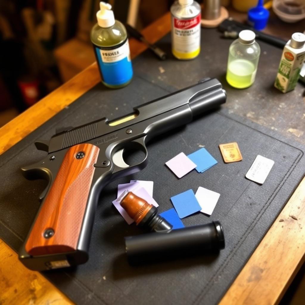 A 1911 pistol field-stripped on a workbench with cleaning supplies
