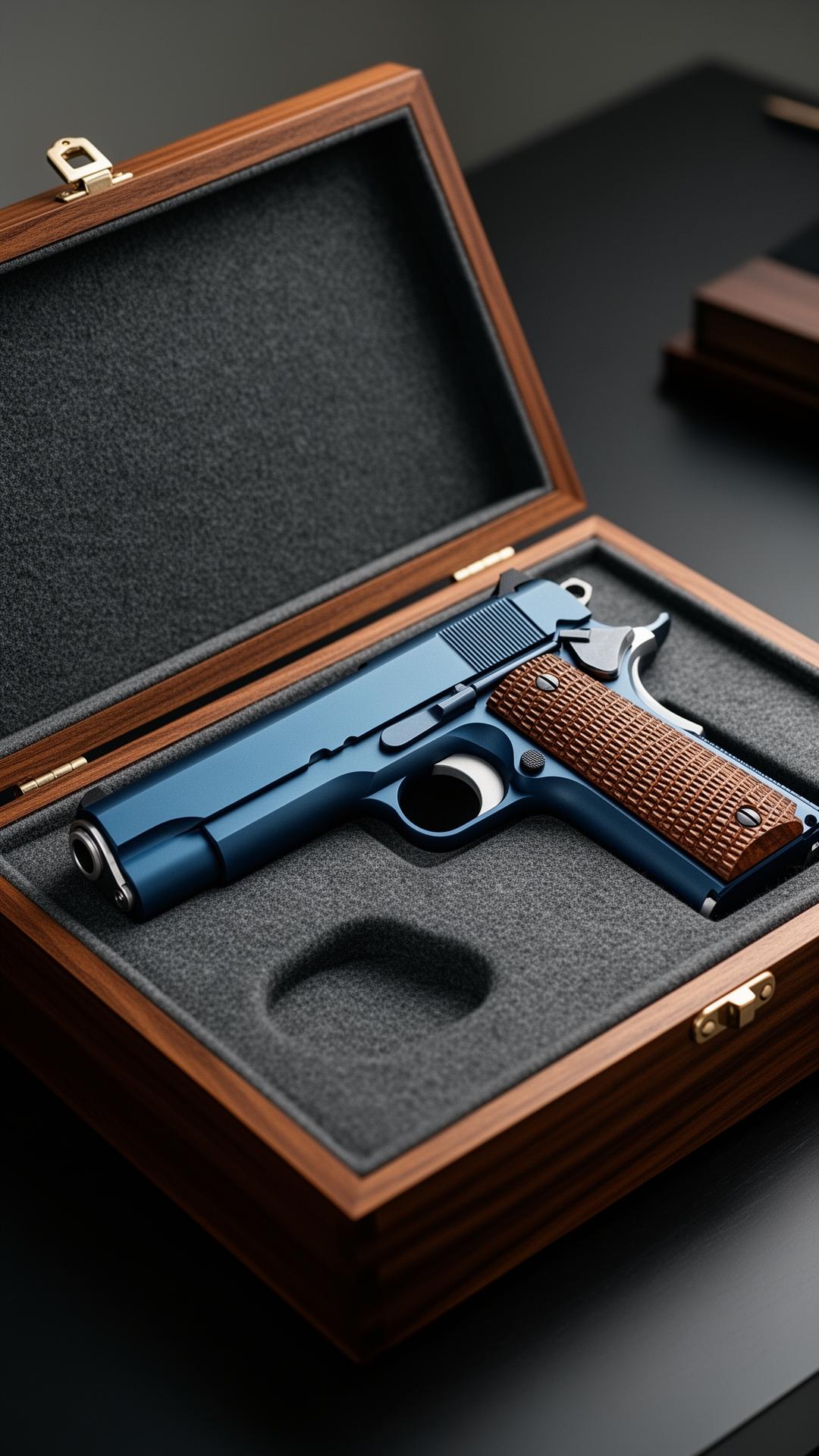 A blued 1911 in a felt-lined presentation case