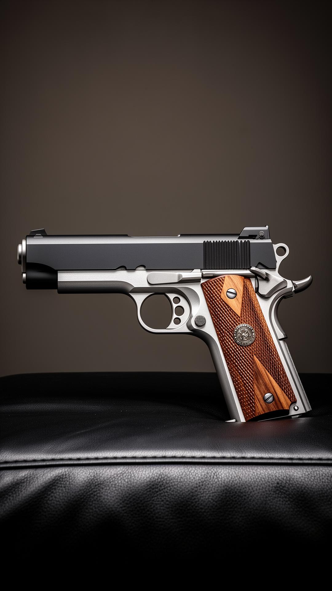 A custom two-tone 1911 pistol with checkered grips