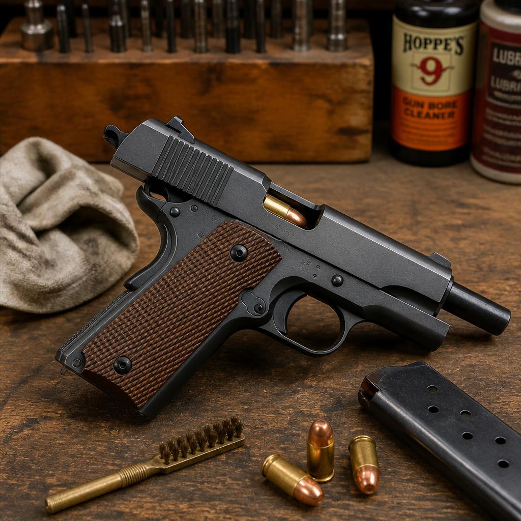 A 1911 pistol on a workbench with a cartridge stuck partway into the chamber
