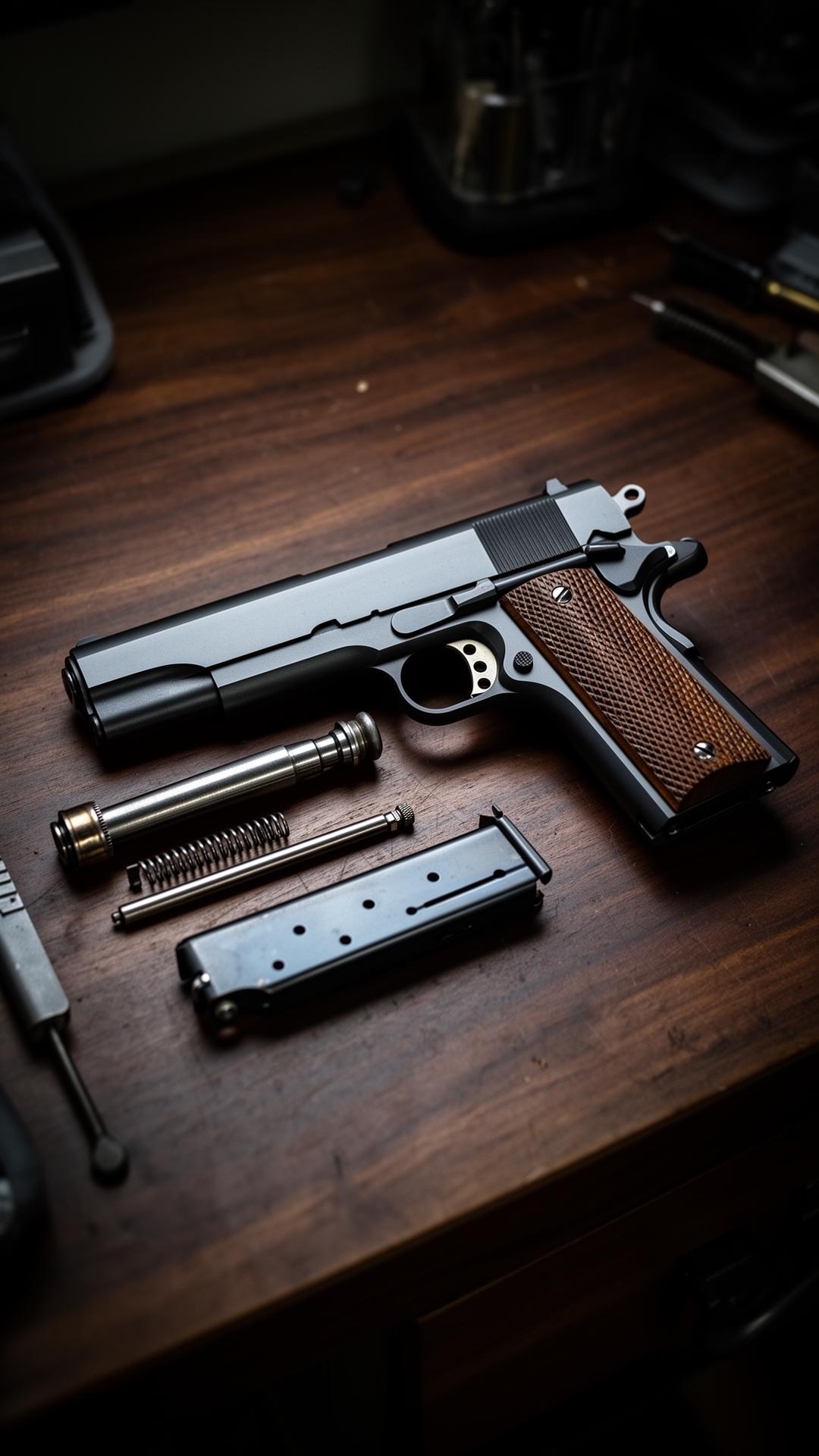 A field-stripped 1911 pistol laid out for maintenance